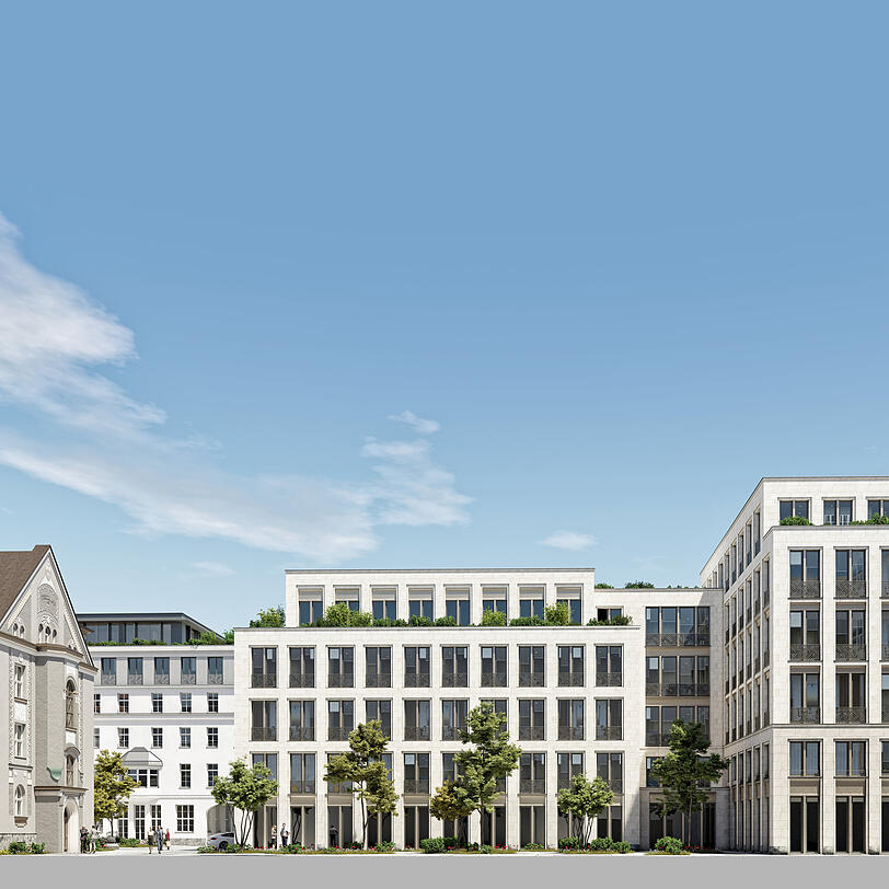 Blick in den Innenhof: Neue Bürogebäude entstehen an der Lothstraße (M./Blick auf die Rückseite) und direkt an der Nymphenburger Straße (r.).