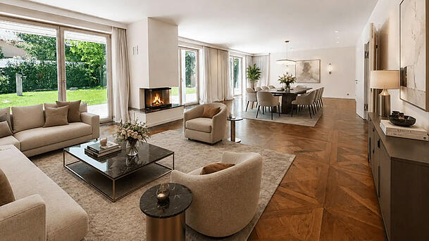 Die Villa kann auch m&ouml;bliert oder teilm&ouml;bliert gemietet werden. (Bild zeigt einen KI-generierten Interior-Vorschlag).