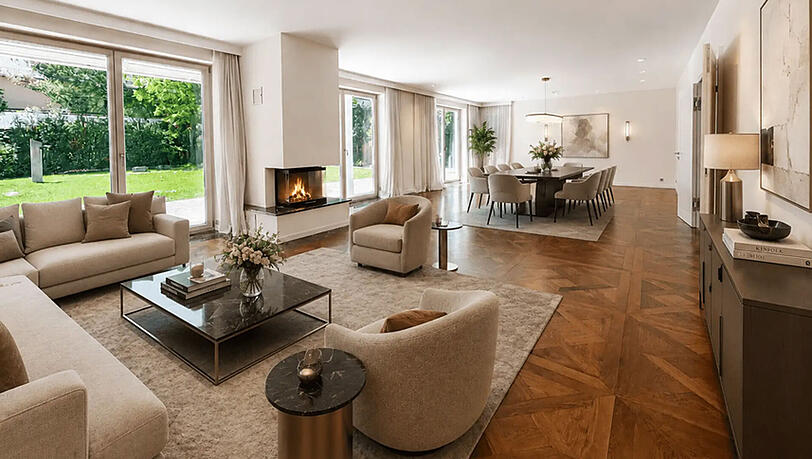 Die Villa kann auch möbliert oder teilmöbliert gemietet werden. (Bild zeigt einen KI-generierten Interior-Vorschlag). Die Villa kann auch möbliert oder teilmöbliert gemietet werden. (Bild zeigt einen KI-generierten Interior-Vorschlag).