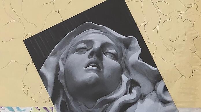 Auf ihren Reisen besichtigte Rosemary Mayer viel alte Kunst wie etwa in Rom Gianlorenzo Berninis Verzückung der heilige Teresa, die sie dann auch prompt in ihr collagiertes Buch "Passagen" von 1976 eingearbeitet hat.