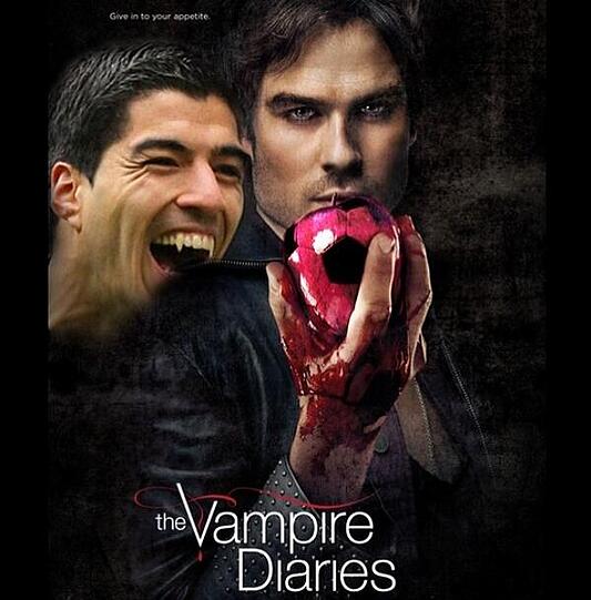 Twitter-User ViveloParaCreer postet dieses Bild mit dem Kommentar: "Umm.. Apparently there's a new cast member joining vampirediaries&hellip; Luis Suarez!! #WorldCup2014&hellip;"