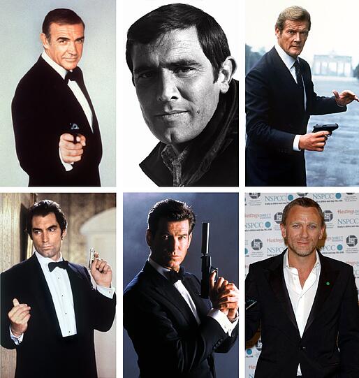 Die verschiedenen James Bond Darsteller: v.l. (oben) Sean Connery (Archivbild 1983), George Lazenby (Archivbild 1969), Roger Moore (Archivbild 1983), (unten) Timothy Dalton (Archivbild 1988), Pierce Brosnan (Archivbild 2002)  und den neuen Agenten 007 Daniel Craig (Archivbild 09.02.2005).