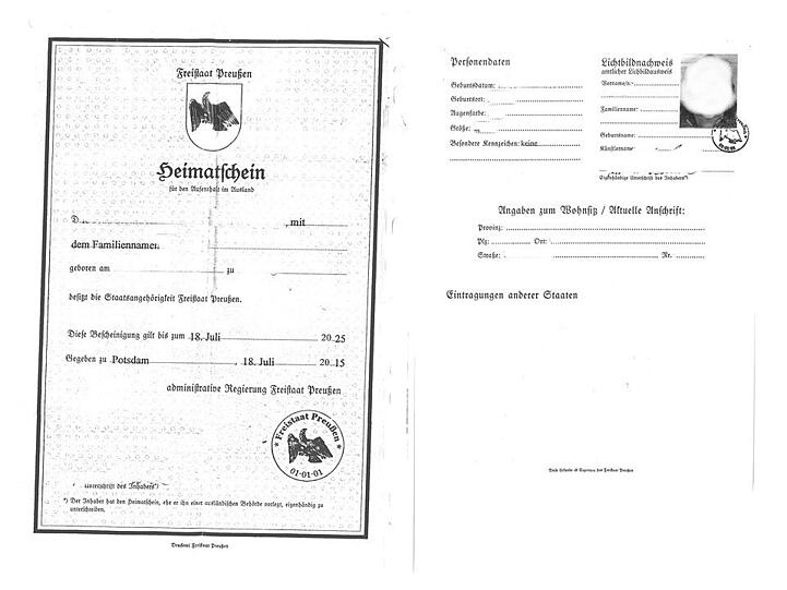 Diesen "Heimatschein des Freistaates Preußen" legten die beiden Reichsbürger vor. (Zum Vergrößern bitte auf das Bild klicken)