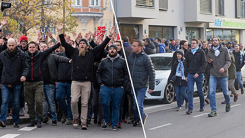 Die Fans des FC Bayern (l.) und des TSV 1860 stehen sich seit jeher in tiefer Abneigung gegenüber - beim Aufeinandertreffen am Sonntag blieb es dennoch weitgehend ruhig.