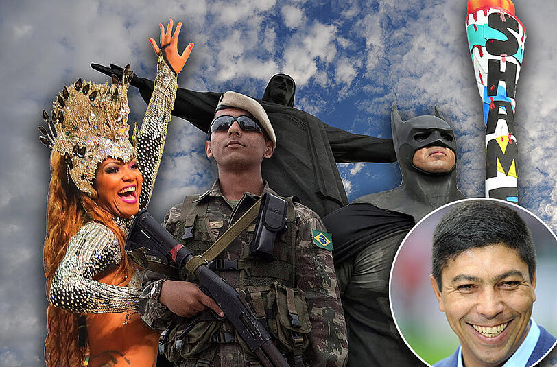 Die Spiele präsentieren sich in Rio: Sambatänzerinnen sorgen für Stimmung, schwerbewaffnete Polizisten für Sicherheit &ndash; trotzdem sind viele Brasilianer unzufrieden, protestieren etwa als Batman gegen Olympia.