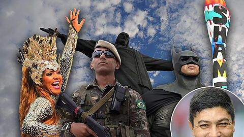 Die Spiele präsentieren sich in Rio: Sambatänzerinnen sorgen für Stimmung, schwerbewaffnete Polizisten für Sicherheit &ndash; trotzdem sind viele Brasilianer unzufrieden, protestieren etwa als Batman gegen Olympia.