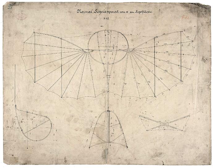 Diese Werkstatt-Zeichnung Otto Lilienthals aus dem Jahr 1893 zeigt die Konstruktion des "Normal-Segelapparats".