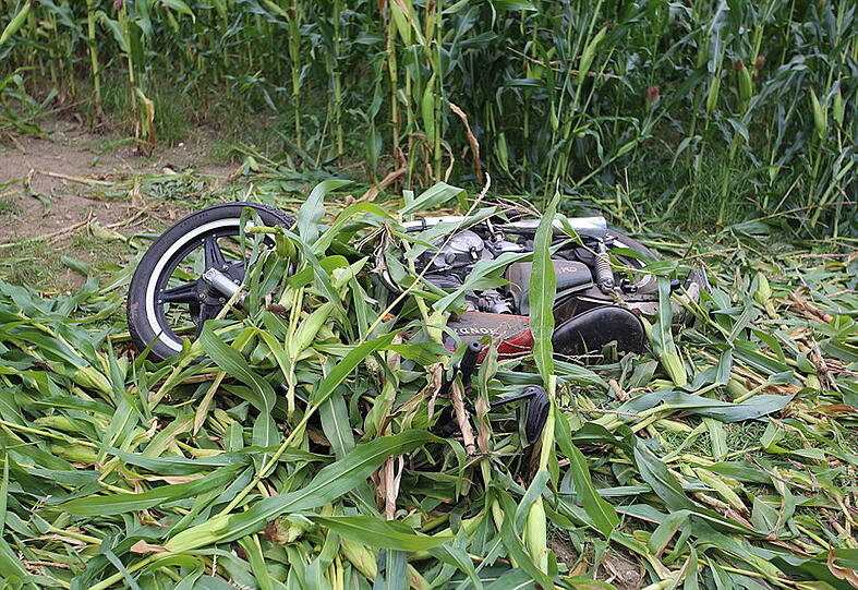 Beim Versuch dem entgegenkommenden Auto auszuweichen, touchierte der Motorradfahrer das Auto, stürzte in ein Maisfeld und verletzte sich schwer.