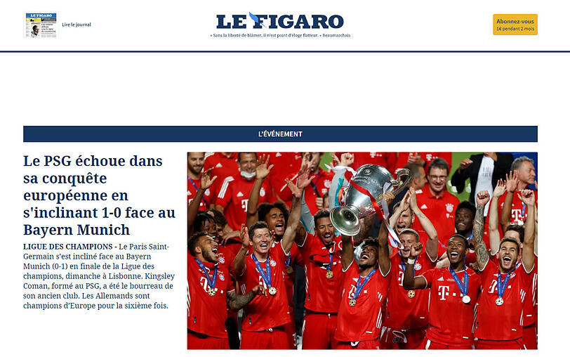 "Champions League: Coman und Bayern München zerstören den Traum der Pariser", stellt die französische Zeitung "Le Figaro" fest.
