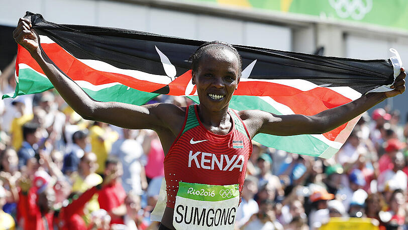 Ein Archivfoto vom 14. August 2016 zeigt Jemima Sumgong aus Kenia nach ihrem Sieg im Marathon bei den Olympischen Sommerspielen in Rio de Janeiro.