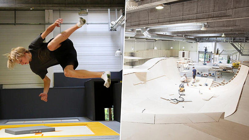 Waagerecht in der Luft: Ein Jugendlicher im Gravity Lab. Rechts: Ein Foto von dem Ausbau 2016.