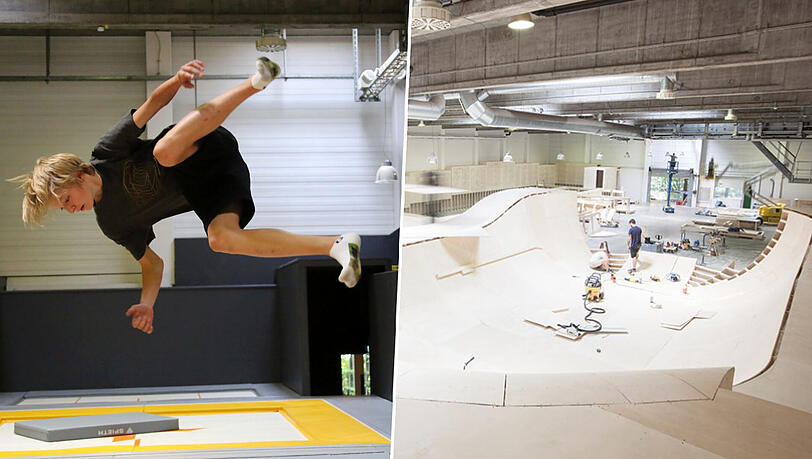 Waagerecht in der Luft: Ein Jugendlicher im Gravity Lab. Rechts: Ein Foto von dem Ausbau 2016. Waagerecht in der Luft: Ein Jugendlicher im Gravity Lab. Rechts: Ein Foto von dem Ausbau 2016.