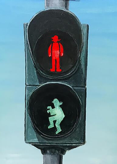 Das Ampelmotiv in Emden zeigt eine Illustration von dem Komiker und Musiker Otto Waalkes