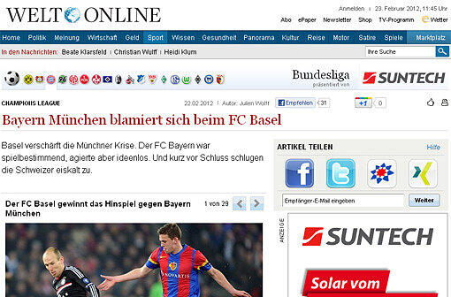 Die "Welt" analysiert das Spiel: "Basels Stärken kamen zum Vorschein, mit denen die Schweizer in der Vorrunde schon Manchester United ausgeschaltet hatten &ndash; kompakte Defensive und ein enorm kreatives Angriffsspiel. Die Münchner hingegen waren nach gutem Beginn ins alte Muster zurückgefallen: viel Ballbesitz, wenig klare Aktionen. Der schlechte Rasen trug dazu bei, dass viele Pässe ungenau waren, und Spielgestalter Toni Kroos gelang nichts."
