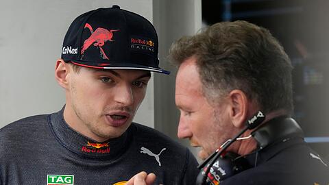 Max Verstappen (l) spricht mit Red-Bull-Teamchef Christian Horner. Ab Mittwoch test die Formel 1 in Bahrain.