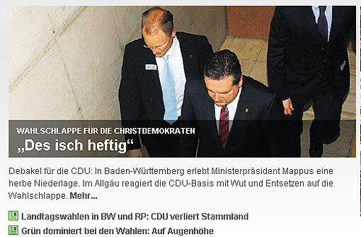 Die Frankfurter Rundschau online kommentiert die schwere Stunde der schwarz-gelben Regierung so: "Die Anti-Atom-Bewegung erlebt einen grandiosen Wahlsieg. Merkels Union erfährt das Grauen. Zu lange hat sie sich in antilinker Dagegen-Pose gefallen und den Wertkonservatismus verachtet."