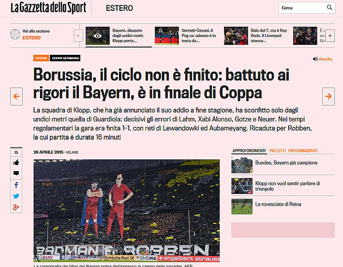 Gazzetta dello Sport (Italien): "Borussias Saison ist noch nicht vorbei: Schlag gegen Bayern im Elfmeterschießen - und jetzt Pokalfinale"