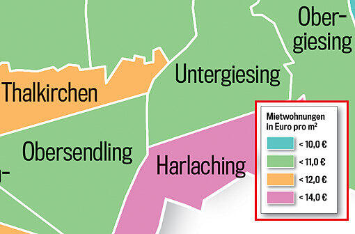 So teuer ist Wohnen in München! Die Münchner Stadtviertel sind in dieser Grafik je nach Quadratmeterpreis eingefärbt. Klicken Sie einfach durch die Quartiere.