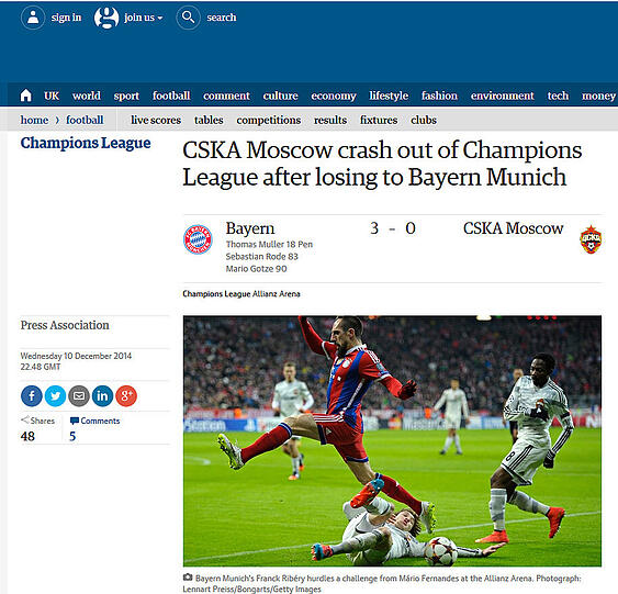 "Guardian" (Großbritannien): Moskau fliegt nach Niederlage gegen Bayern aus der Champions League.