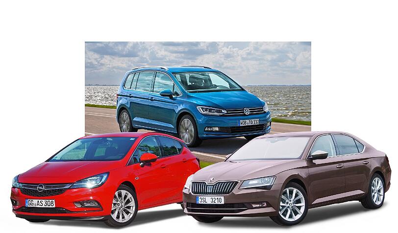 Die Autos der Vernunft 2016 (v. l.): Opel Astra, VW Touran und Skoda Superb stehen auf dem Siegertreppchen.