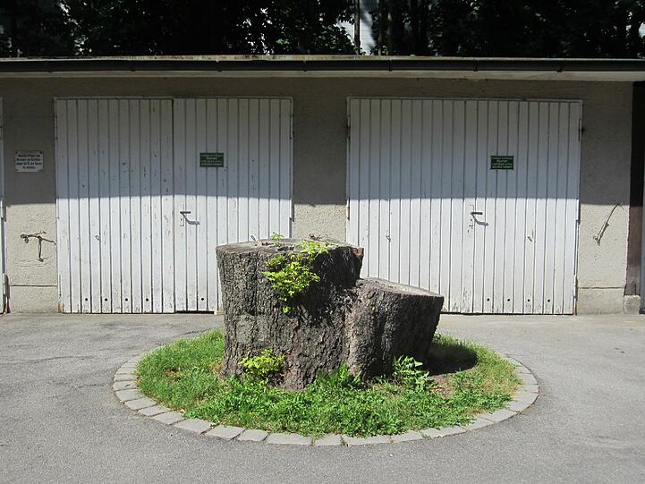 In Untergiesing ziert ein kleines Grasrondell die Einfahrten zweier Garagen.