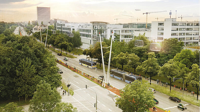 Die Visualisierung zeigt eine mögliche Seilbahn am Frankfurter Ring.