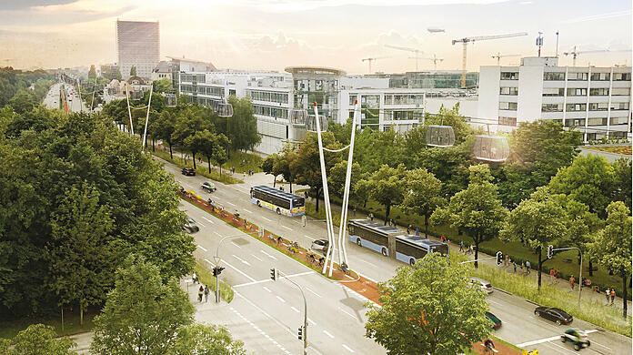 Die Visualisierung zeigt eine mögliche Seilbahn am Frankfurter Ring.
