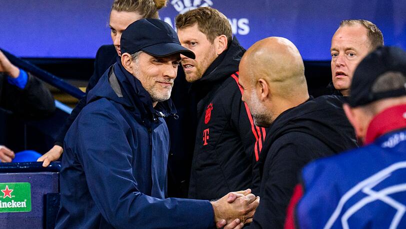 Bayern-Trainer Thomas Tuchel (l.) und ManCity-Coach Pep Guardiola begrüßen sich vor dem Viertelfinal-Hinspiel. Bayern-Trainer Thomas Tuchel (l.) und ManCity-Coach Pep Guardiola begrüßen sich vor dem Viertelfinal-Hinspiel.