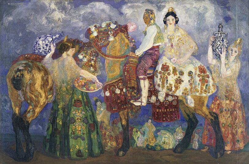 Hermen Anglada Camarasa hat 1909 die &bdquo;Bauern von Gand&iacute;a&ldquo; nicht nur ins intensive Farbbad getaucht, sondern die Szene &uuml;ber und &uuml;ber ornamentiert. Seine Kunst beeindruckte auch Gustav Klimt nachhaltig.