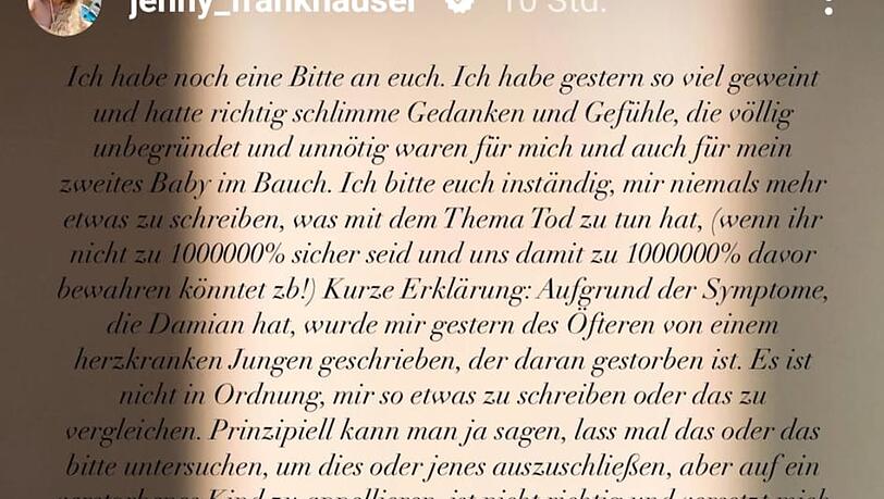 Jenny Frankhauser wendet sich nach Damians Krankheit mit einer Bitte an die Follower Jenny Frankhauser wendet sich nach Damians Krankheit mit einer Bitte an die Follower