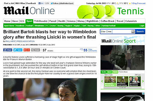 daily-mail.co.uk: "Brilliante Bartoli ballert sich zum Wimledon-Ruhm nachdem sie Lisicki vom Platz fegte"Die Pressestimmen zur Finalniederlage von Sabine Lisicki.
