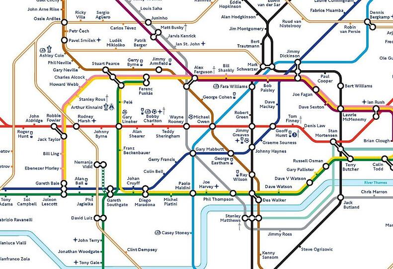 Das umbenannte Londoner U-Bahn-Netz. Finden Sie Beckenbauer, Hamann und Klinsmann?