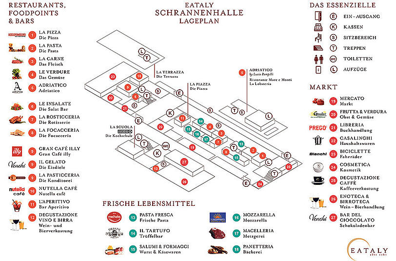 Der "Genussfahrplan" von "Eataly" mit allen Märkten, Restaurants und Foodpoints.