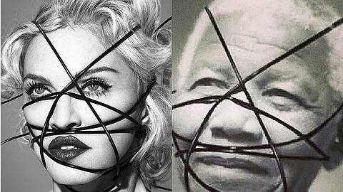 Die Fans sind wenig erfreut über diese Bilder: links das Cover von Madonnas neuem Album, rechts ein bearbeitetes Bild von Nelson Mandela
