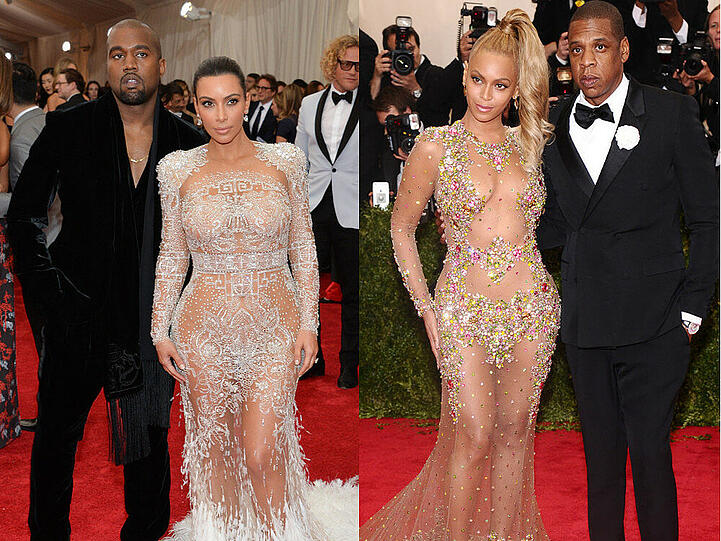 Zu viel Haut zu sehen? Kim Kardashian mit Ehemann Kanye West (l.) und Beyoncé mit Ehemann Jay-Z, jeweils bei der Gala im Mai 2015 im "The Metropolitan Museum of Art's Costume Institute"