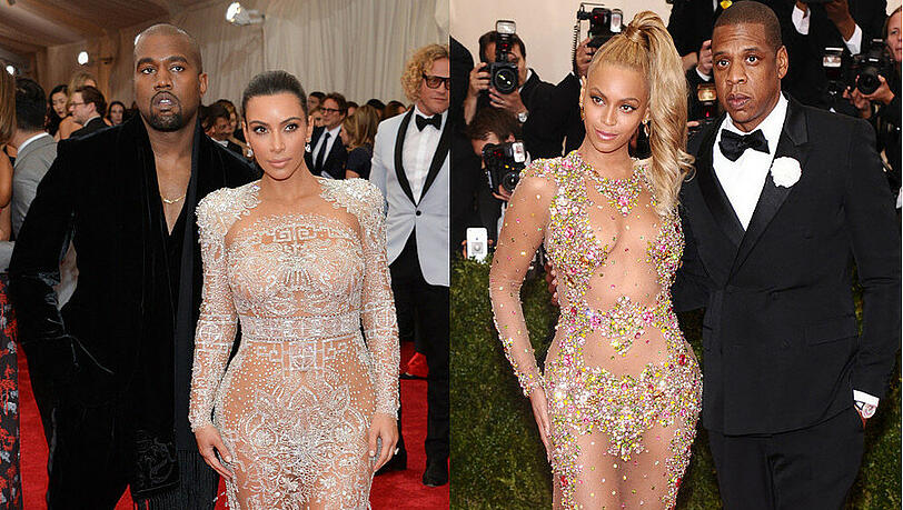 Zu viel Haut zu sehen? Kim Kardashian mit Ehemann Kanye West (l.) und Beyoncé mit Ehemann Jay-Z, jeweils bei der Gala im Mai 2015 im "The Metropolitan Museum of Art's Costume Institute" Zu viel Haut zu sehen? Kim Kardashian mit Ehemann Kanye West (l.) und Beyoncé mit Ehemann Jay-Z, jeweils bei der Gala im Mai 2015 im "The Metropolitan Museum of Art's Costume Institute"