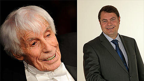 Links: Der Sänger und Schauspieler Johannes Heesters bei einer Erfurter Gala anlässlich seines 107. Geburtstages. Rechts: Bestattungsunternehmer Rudolf Zirngibl: der Starnberger hat schon viele Promis unter die Erde gebracht.