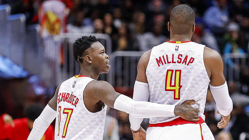 Dennis Schröder kam auf 16 Punkte und zehn Rebounds, rechts der Top-Scorer der Partie - Hawks-Profi Paul Millsap (32 Zähler).