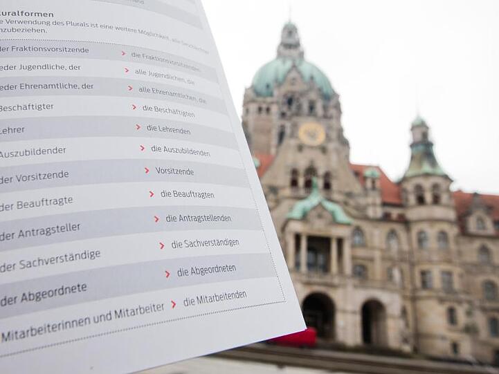 Im Vordergrund ein Ausschnitt aus "Empfehlungen für eine geschlechtergerechte Verwaltungssprache", im Hintergrund das Rathaus von Hannover.