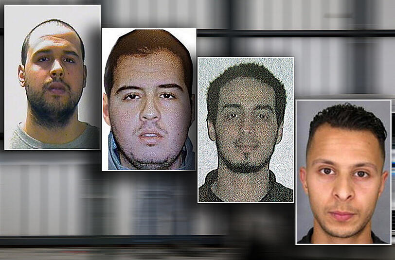 Die drei Terrorattentäter von Brüssel Khalid El Bakraoui, sein Bruder Ibrahim und Najim Laachraoui (v.l.) und der mutmaßliche Drahtzieher der Pariser Anschläge Salah Abdeslam (r.).