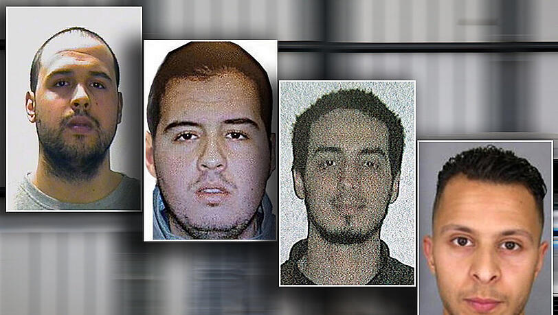 Die drei Terrorattentäter von Brüssel Khalid El Bakraoui, sein Bruder Ibrahim und Najim Laachraoui (v.l.) und der mutmaßliche Drahtzieher der Pariser Anschläge Salah Abdeslam (r.). Die drei Terrorattentäter von Brüssel Khalid El Bakraoui, sein Bruder Ibrahim und Najim Laachraoui (v.l.) und der mutmaßliche Drahtzieher der Pariser Anschläge Salah Abdeslam (r.).