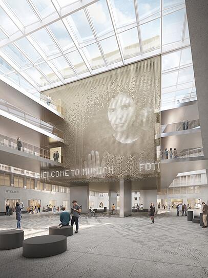 Auf einer LED-Wand erscheinen Inhalte des Museums, vom Foyer aus geht es nach oben in die Sammlungen. Auf einer LED-Wand erscheinen Inhalte des Museums, vom Foyer aus geht es nach oben in die Sammlungen.