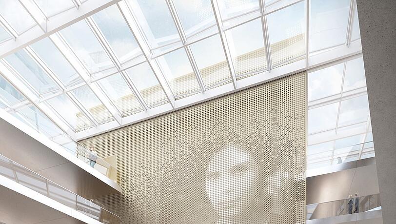 Auf einer LED-Wand erscheinen Inhalte des Museums, vom Foyer aus geht es nach oben in die Sammlungen. Auf einer LED-Wand erscheinen Inhalte des Museums, vom Foyer aus geht es nach oben in die Sammlungen.