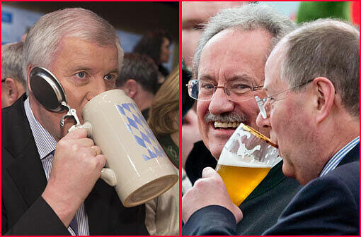 Horst Seehofer nimmt einen kräftigen Schluck aus dem Bierkrug, Münchens OB Christian Ude ist mit Peer Steinbrück in Vilshofen: Das Duell beim Politischen Aschermittwoch