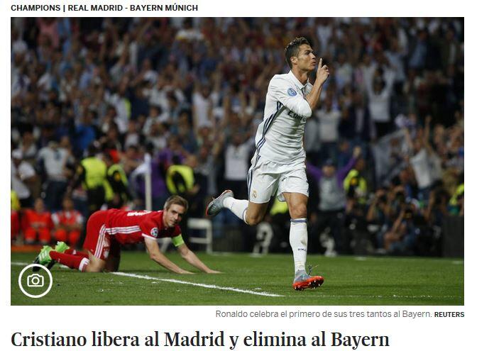 Die spanische Zeitung "elpais" schreibt: Cristiano befreit Real und eliminiert Bayern.