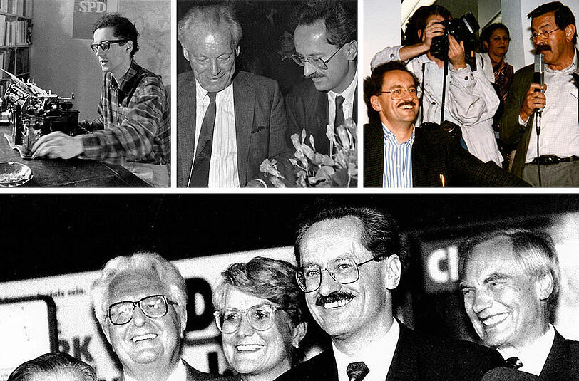 Stationen eines bewegten Politiker-Lebens: In den 60ern noch ohne Schnauzer, in den 80ern mit Günter Grass und in den 90ern als strahlender Wahlsieger.