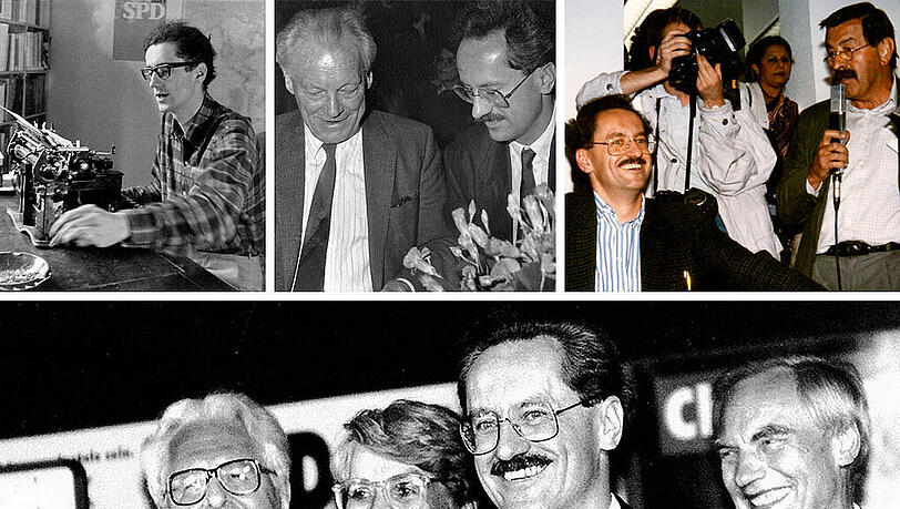 Stationen eines bewegten Politiker-Lebens: In den 60ern noch ohne Schnauzer, in den 80ern mit Günter Grass und in den 90ern als strahlender Wahlsieger.