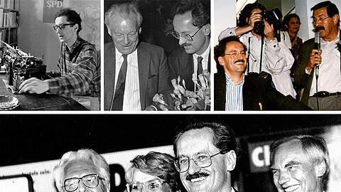 Stationen eines bewegten Politiker-Lebens: In den 60ern noch ohne Schnauzer, in den 80ern mit Günter Grass und in den 90ern als strahlender Wahlsieger.