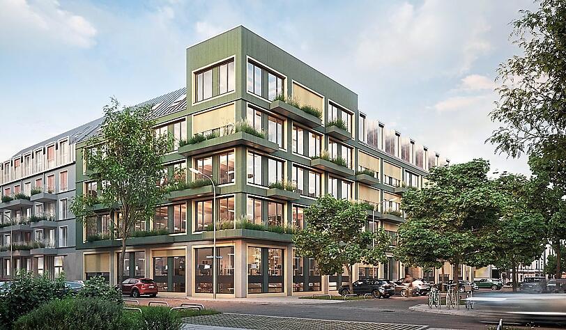 Mit Eckturm: So soll die Holzfassade einmal aussehen.