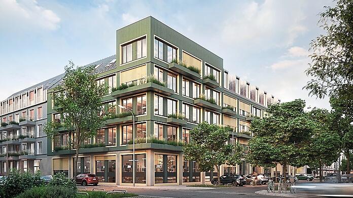 Mit Eckturm: So soll die Holzfassade einmal aussehen.